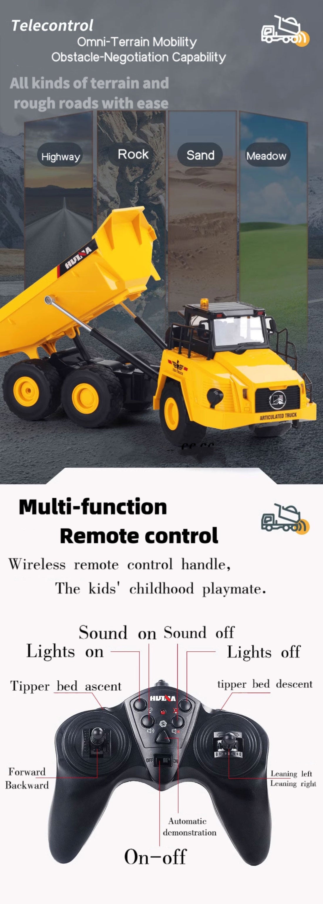 Huina 1553 1:16 2.4Ghz RC Dump Truck RC Construction Toy with LED Lights and Sou