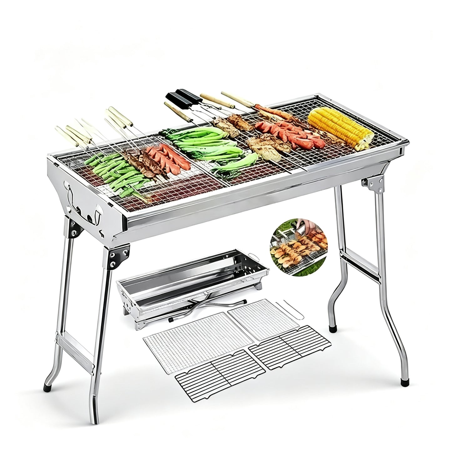 Portable Stainless Steel Charcoal BBQ Grill Foldable Outdoor Camping Barbecue Large