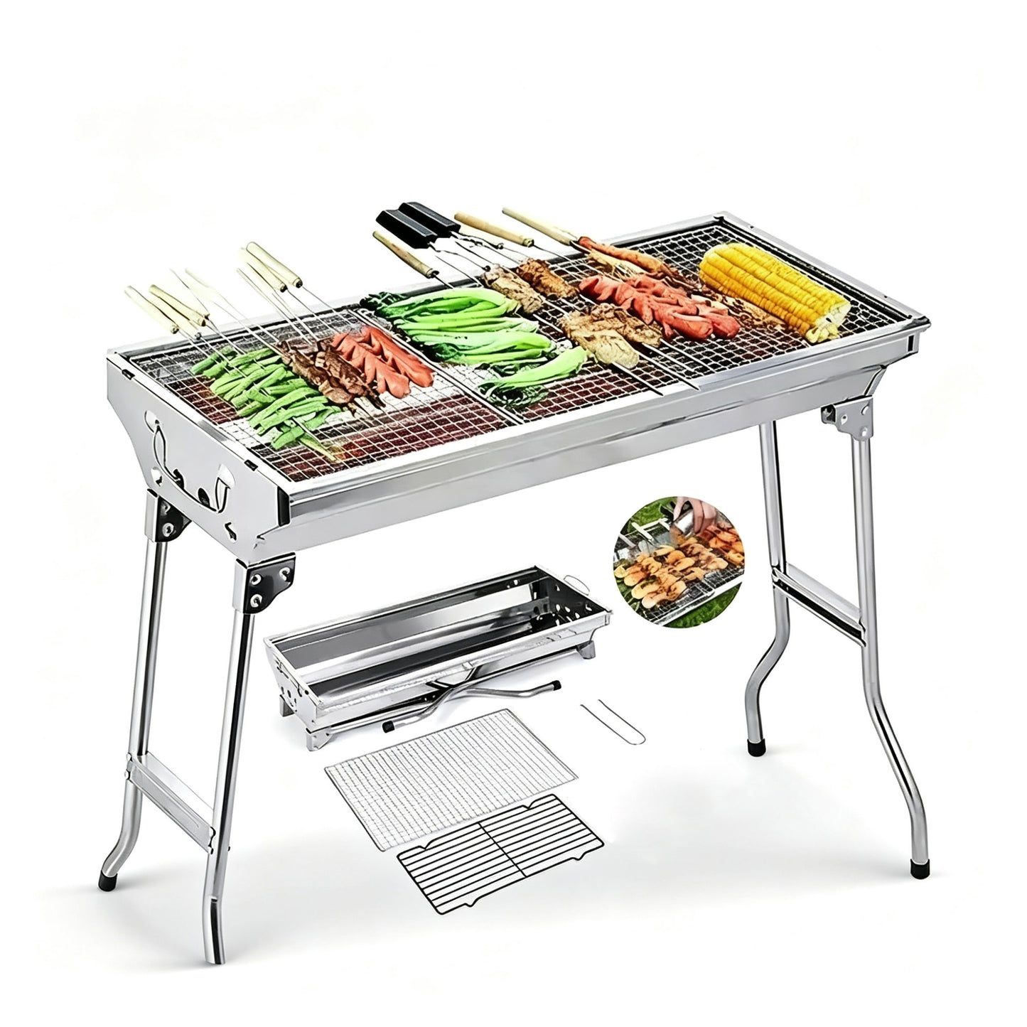 Portable Stainless Steel Charcoal BBQ Grill Foldable Outdoor Camping Barbecue