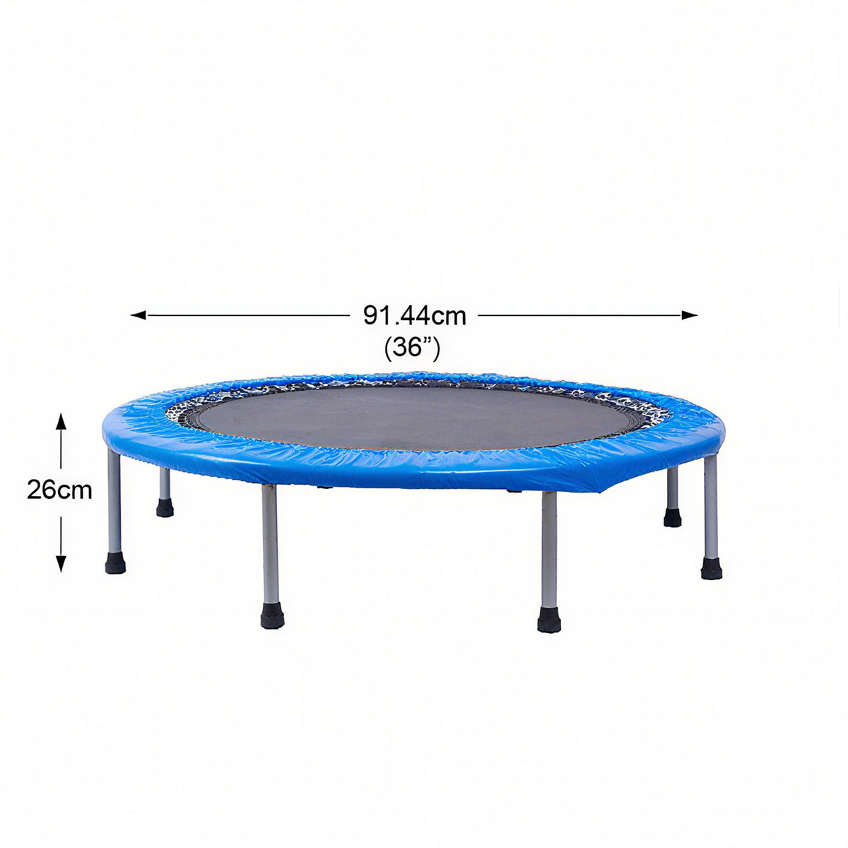 Blue trampoline with dimensions labeled on a white background
