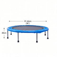 Blue trampoline with dimensions labeled on a white background