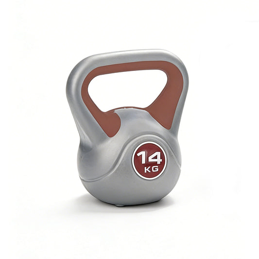 Silver kettlebell with brown handle and '14 KG' label on a white background
