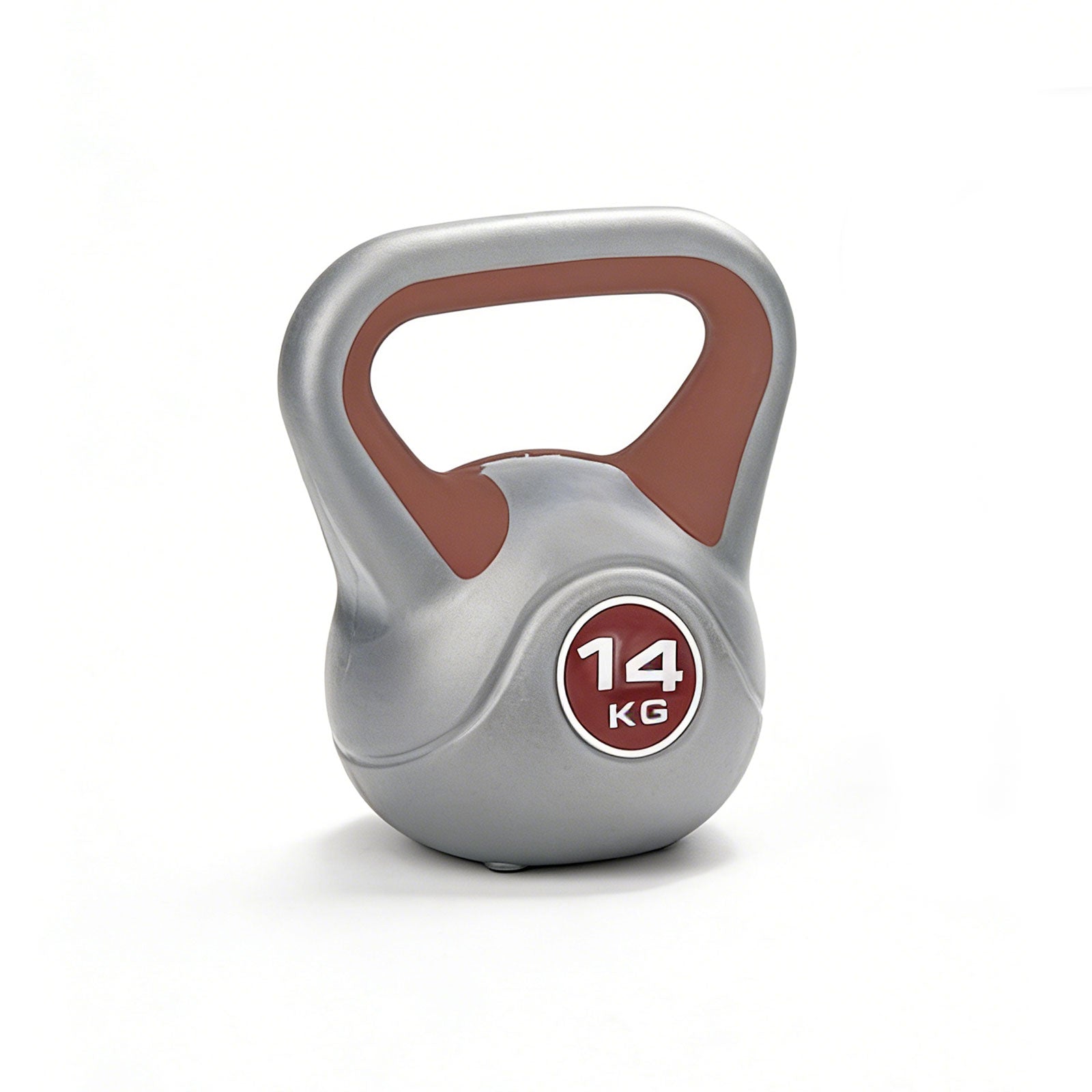 Silver kettlebell with brown handle and '14 KG' label on a white background