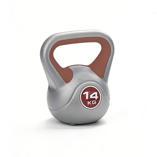 Silver kettlebell with brown handle and '14 KG' label on a white background