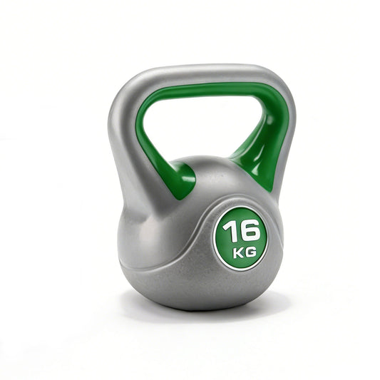 Kettlebell with green handle and 16 kg label on a white background