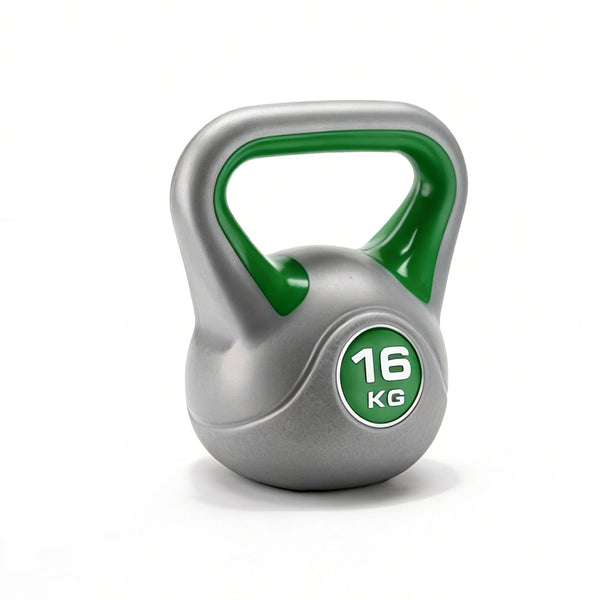 Kettlebell with green handle and 16 kg label on a white background