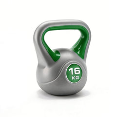 Kettlebell with green handle and 16 kg label on a white background