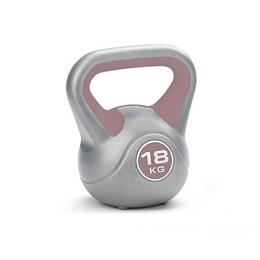 Gray kettlebell with pink handle and '18 KG' marking on a white background