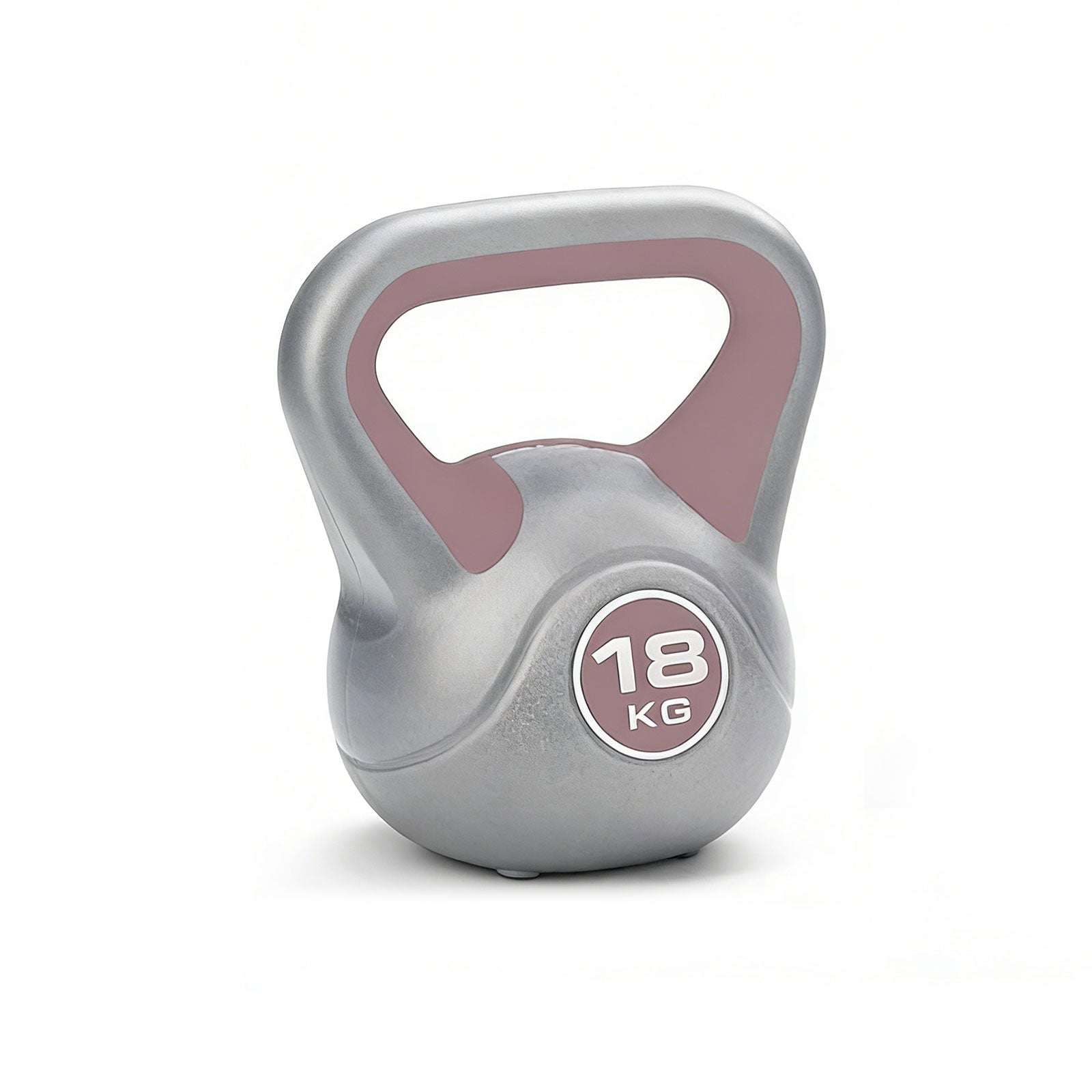 Gray kettlebell with pink handle and '18 KG' marking on a white background