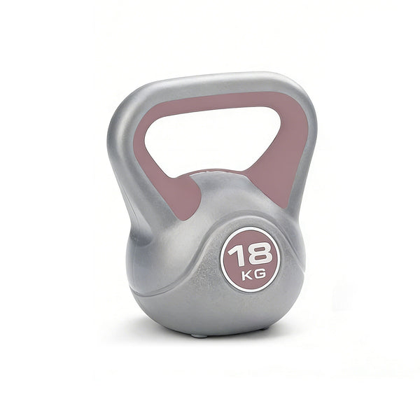 Gray kettlebell with pink handle and '18 KG' marking on a white background