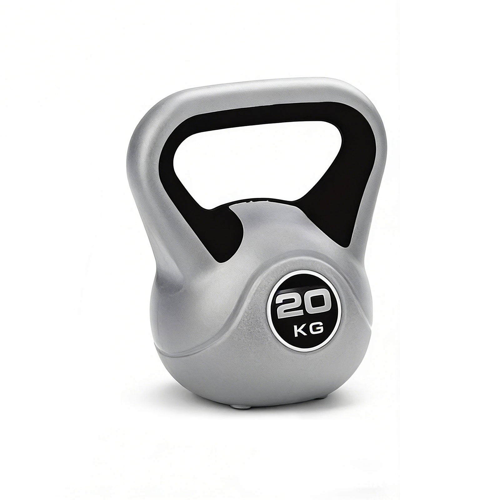 Gray kettlebell with a black handle and '20 KG' label on a white background
