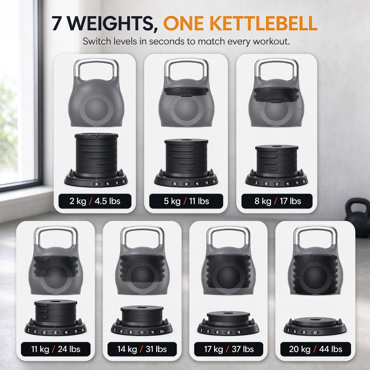20kg Adjustable Kettlebell 7 in 1 Quick Weight Change Selection Home Gym Fitness Training