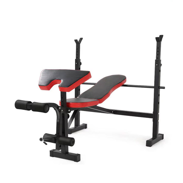 Adjustable weight bench press multi station fitness equipment with red and black padding on a steel frame, designed for various exercises including bench press and sit-ups.