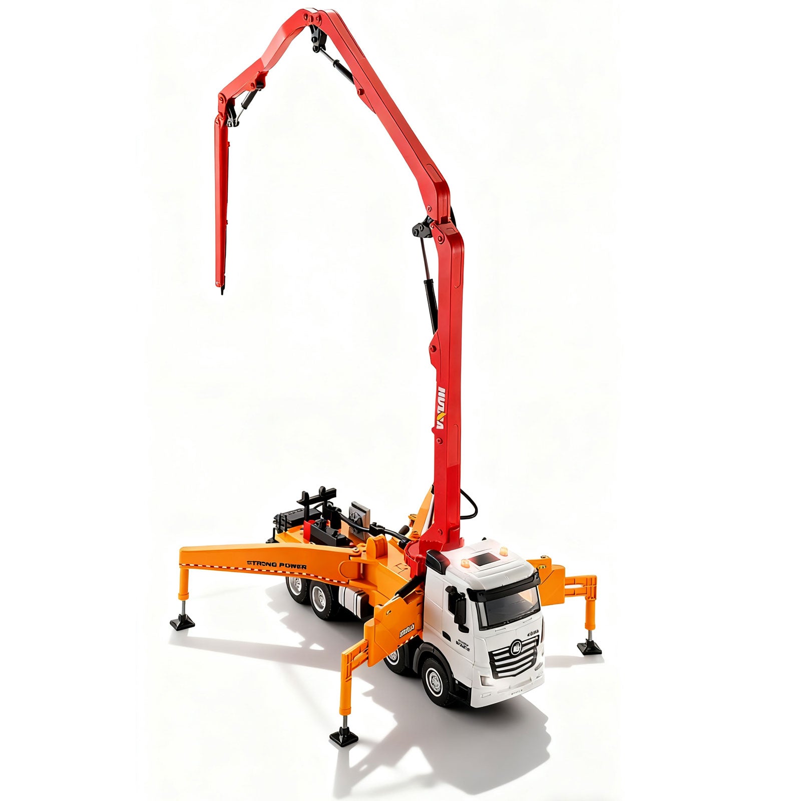 Toy construction truck with a large red crane on a white background
