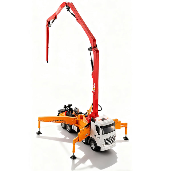Toy construction truck with a large red crane on a white background