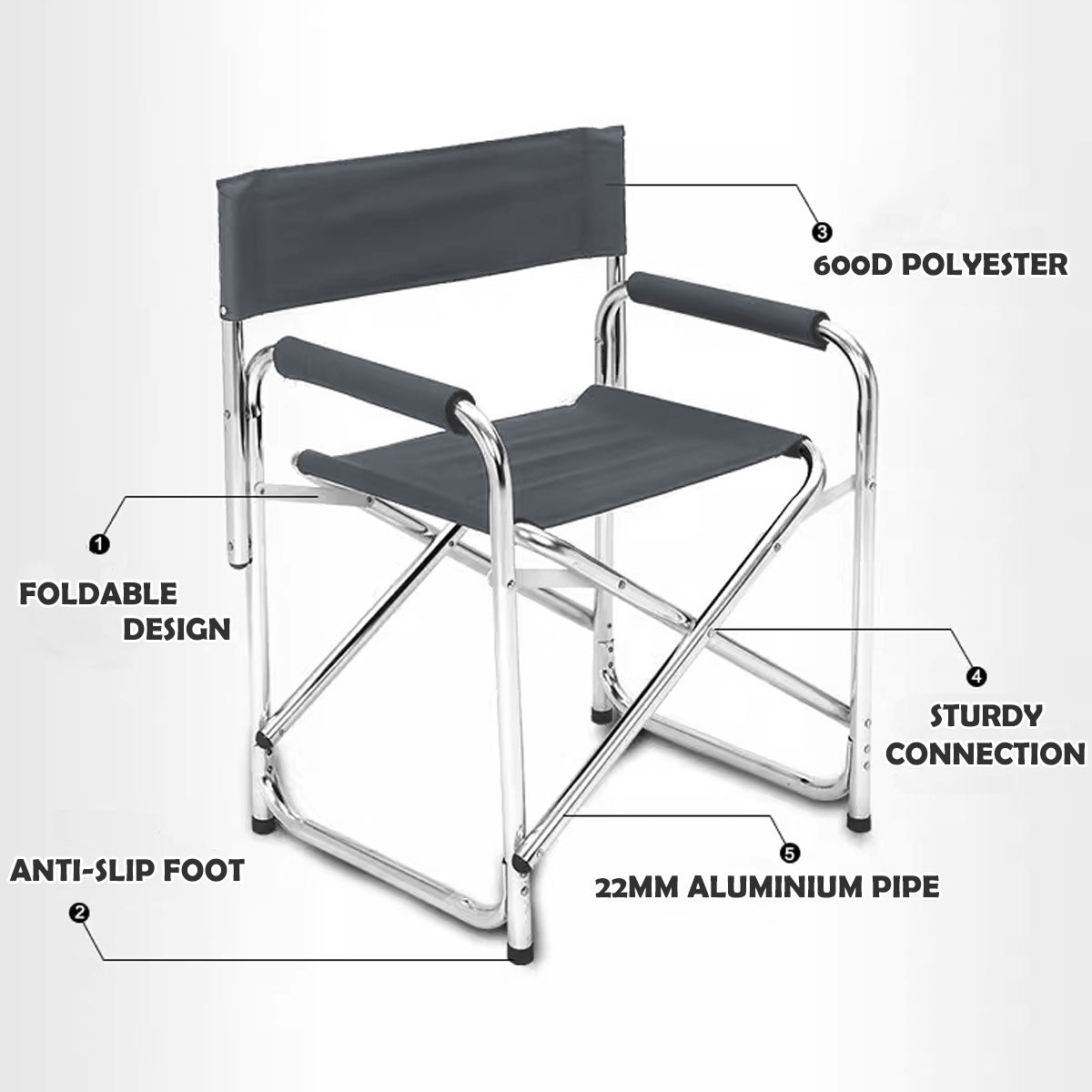 Directors Aluminium Folding Chair Camping Picnic Director Fishing Foldable - grey