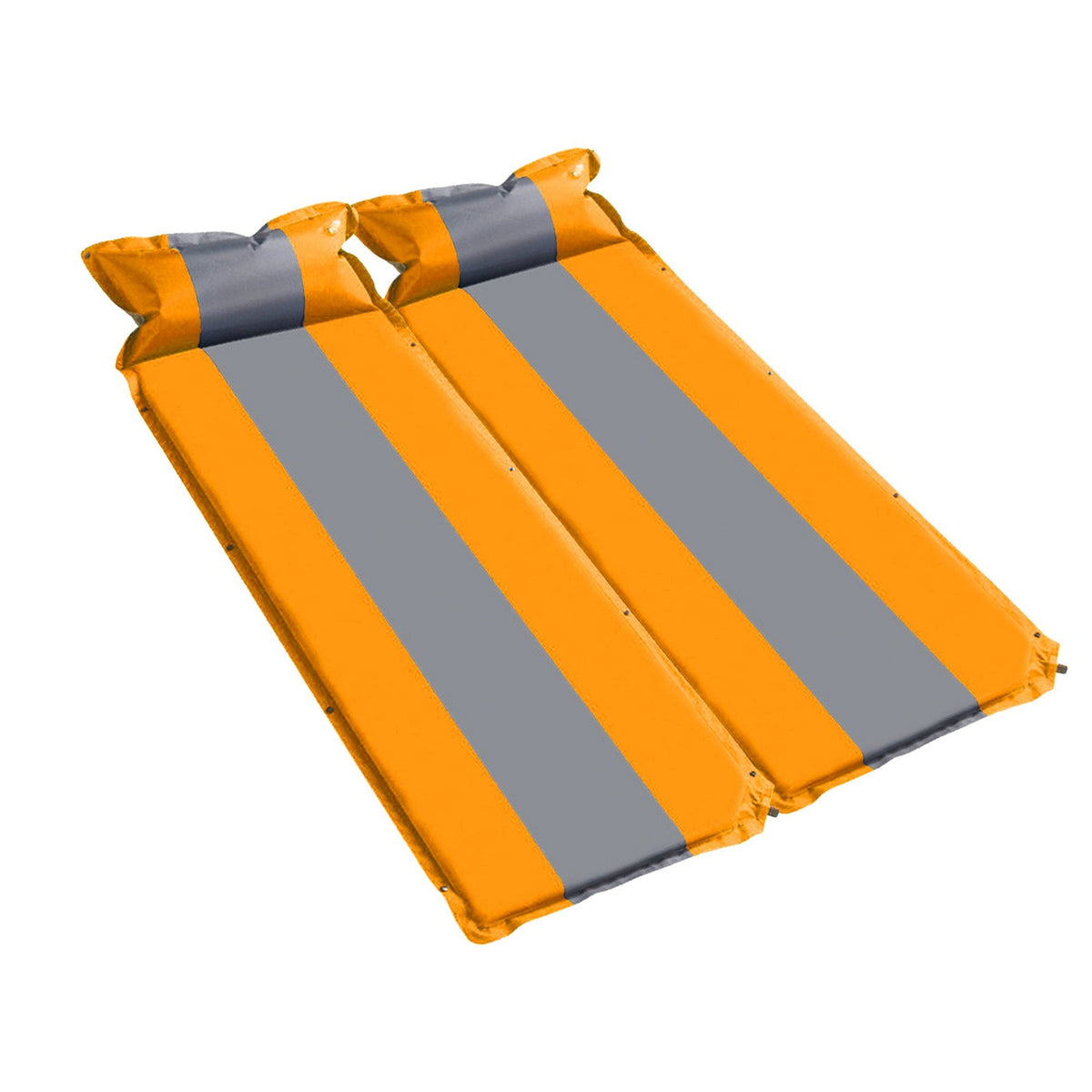 An orange and gray self-inflating camping mattress laid out flat.
