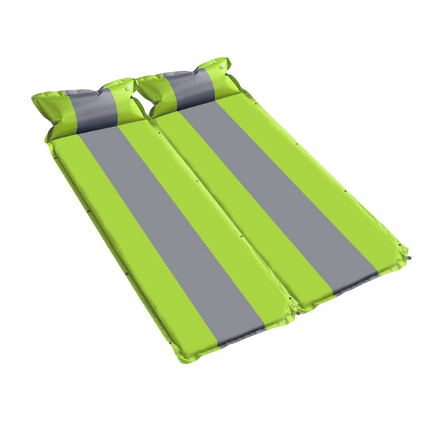 Double Self Inflating Mattress Sleeping Mat Air Bed Camping Camp Hiking Joinable Pillow - green