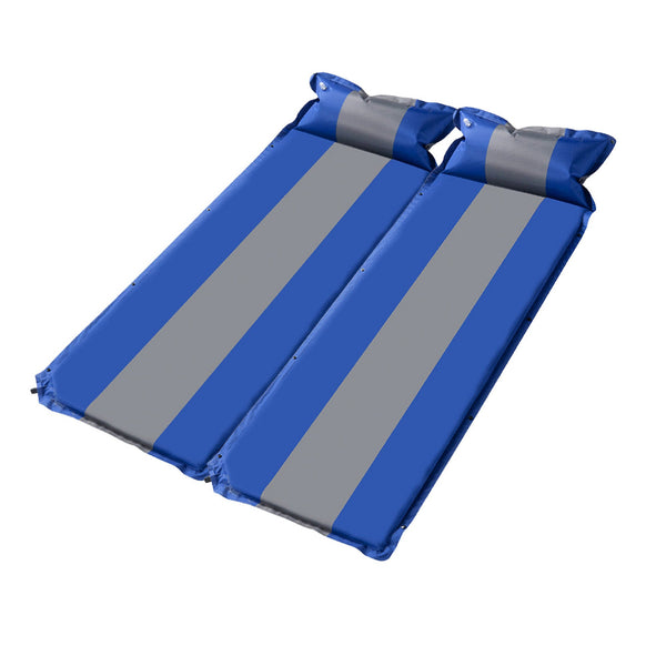 Double Self Inflating Mattress Sleeping Mat Air Bed Camping Camp Hiking Joinable Pillow - blue