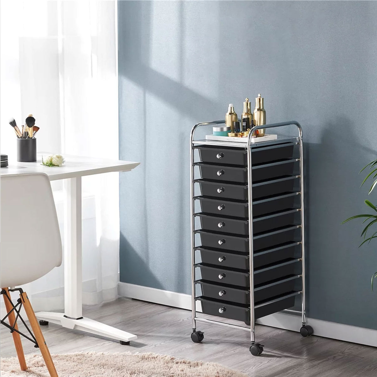 10 Drawers Rolling Storage Cart Paper Organiser Trolley w/ Wheels Home Office - black