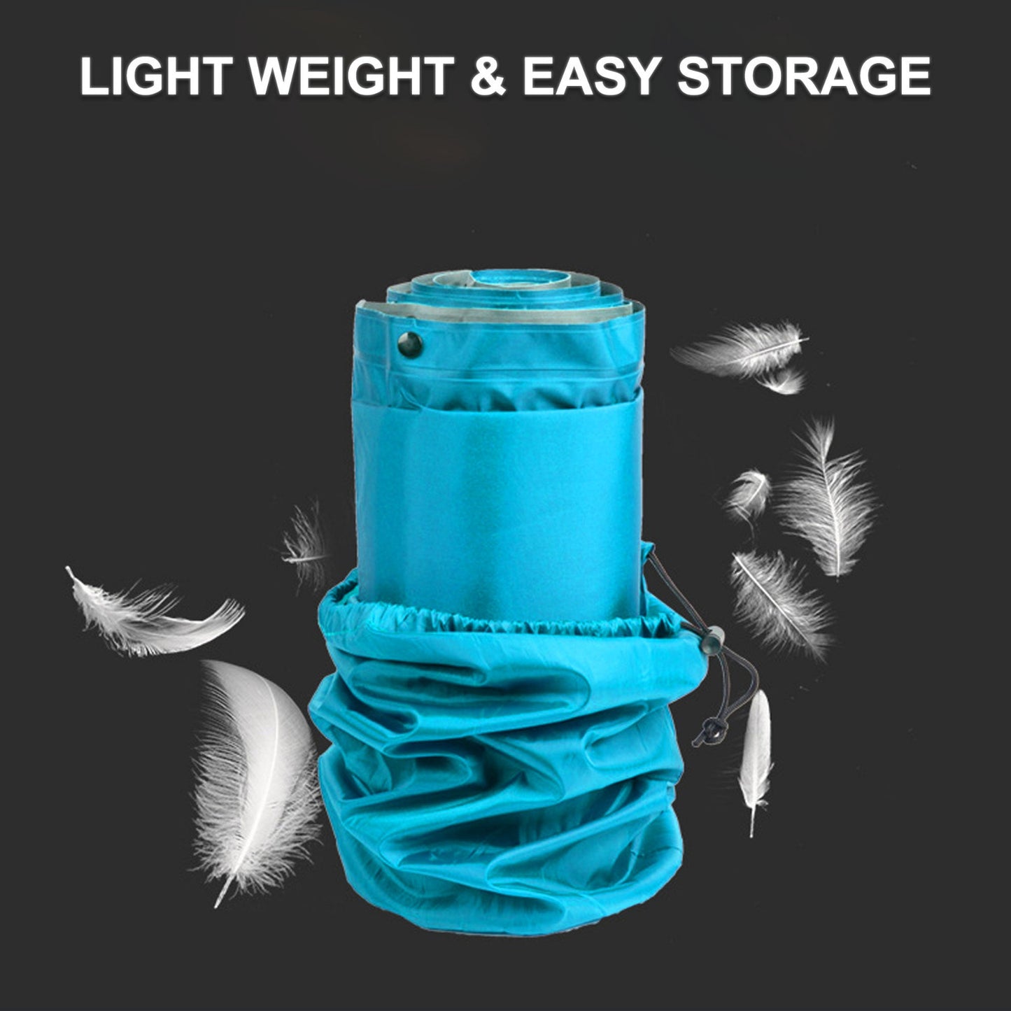 Blue roll-up bag with feathers on a black background, emphasizing light weight and easy storage.