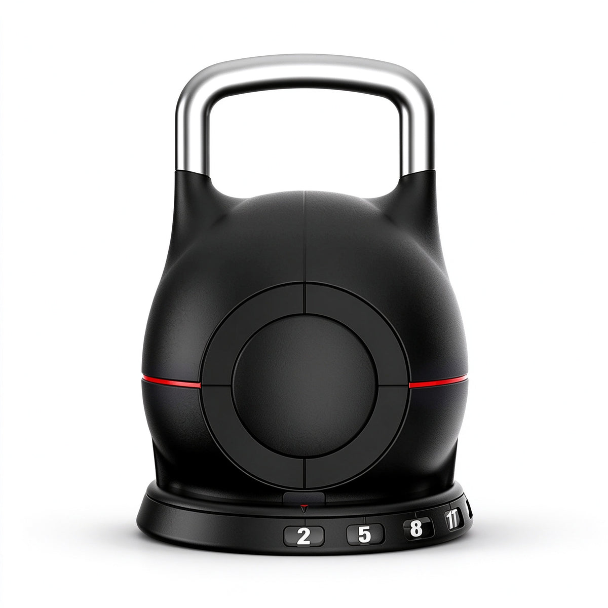 A black kettlebell-style weight plate with a silver handle, a red accent line, and numbered weight markings (2, 5, 8, 11) on the base, shown on a white background.