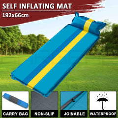 Self Inflating Mattress Sleeping Mat Air Bed Camping Camp Hiking Joinable Pillow - light blue