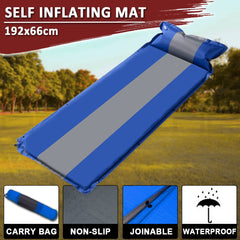 Self Inflating Mattress Sleeping Mat Air Bed Camping Camp Hiking Joinable Pillow - blue