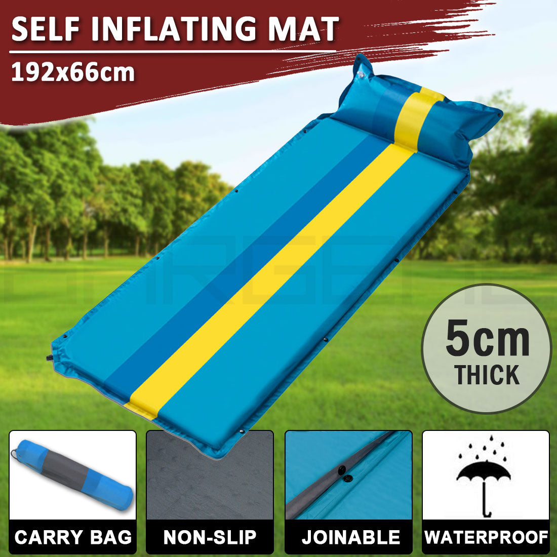 Self Inflating Mattress Sleeping Mat Air Bed Camping Camp Hiking Joinable Pillow - light blue