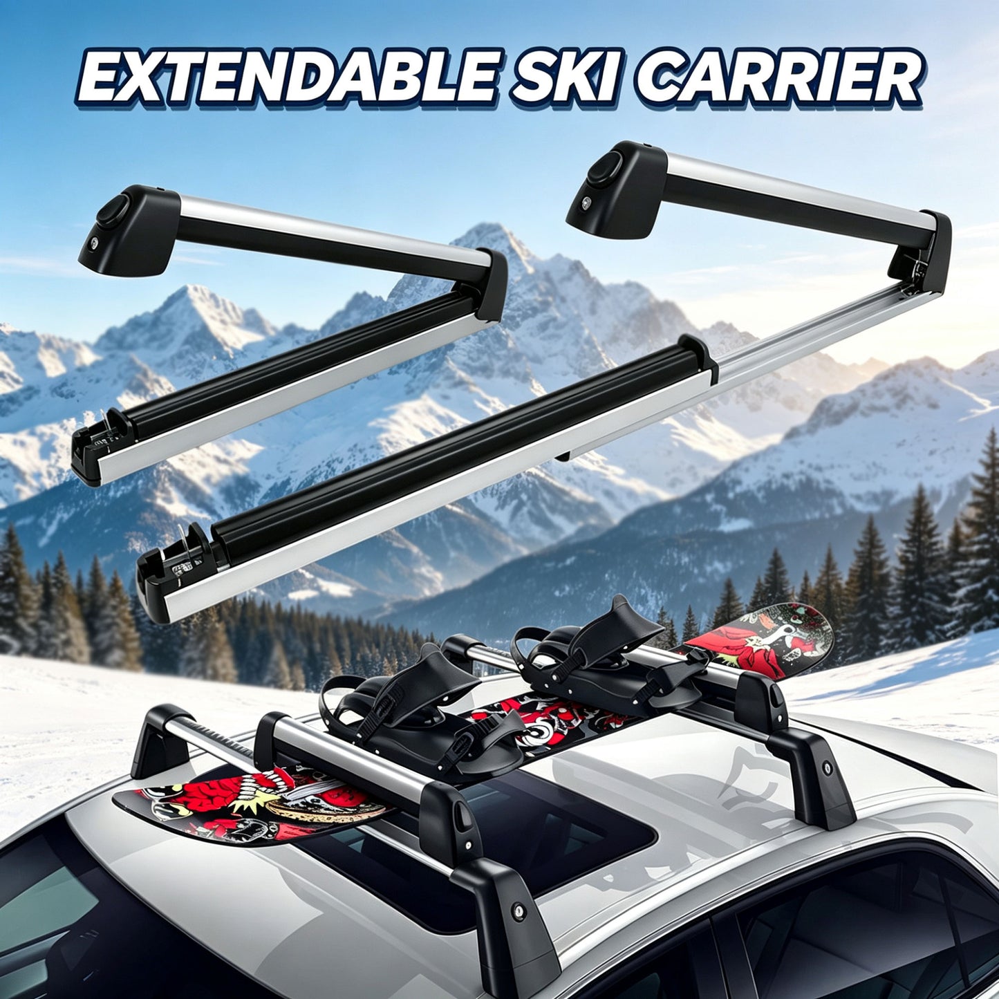 Extendable Universal Aluminium Ski Snowboard Fishing Rod Car Roof Rack Carrier Cross Bars