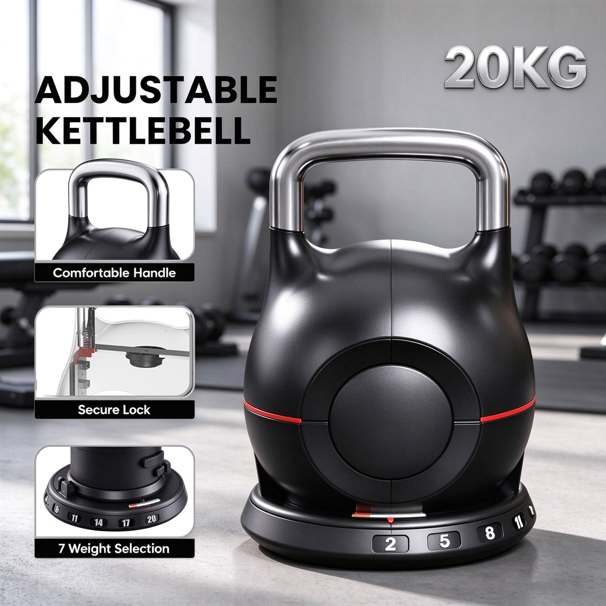 20kg Adjustable Kettlebell 7 in 1 Quick Weight Change Selection Home Gym Fitness Training
