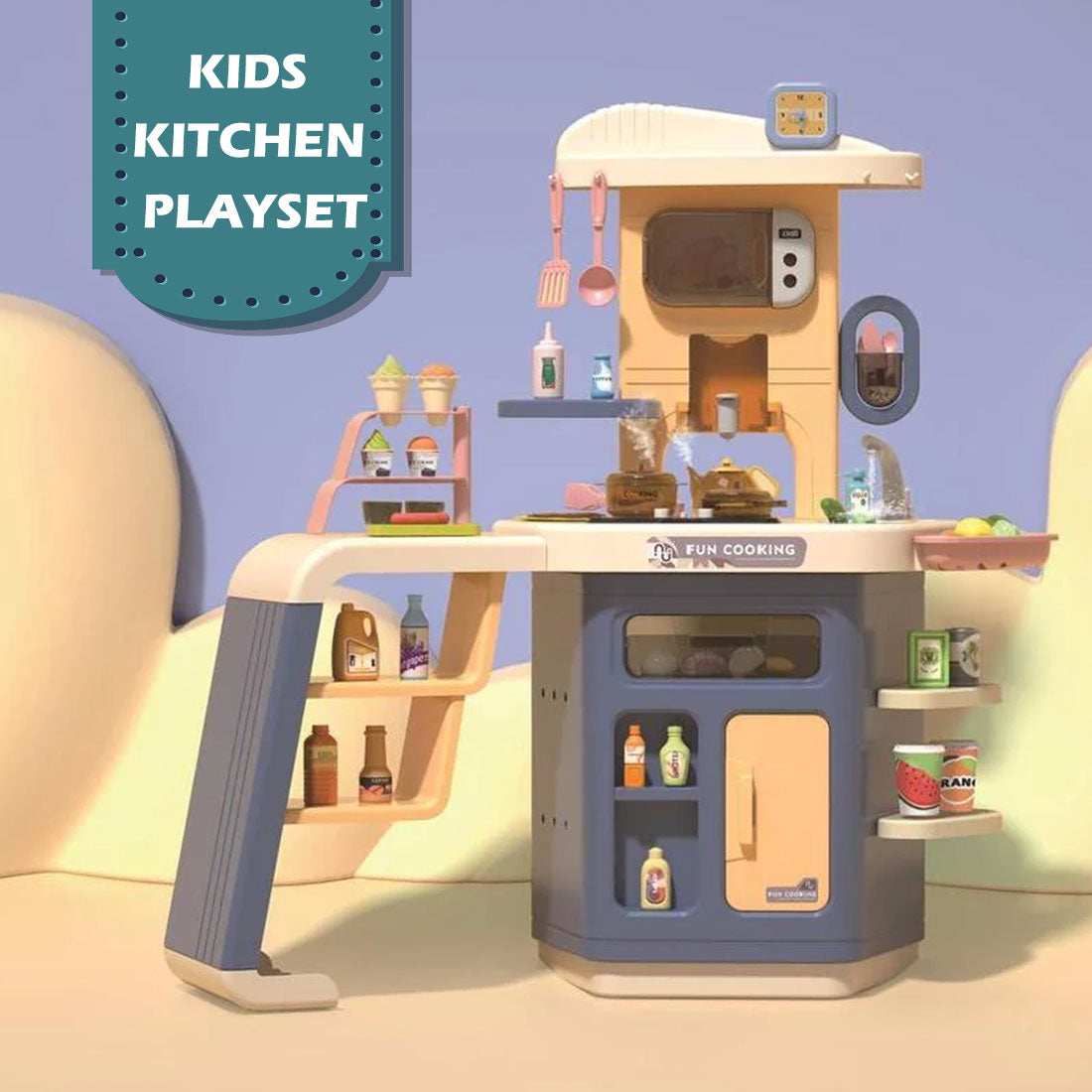 Kids Pretend Role Play Toy Kitchen Cooking Children Toddler Food Cookware Set - Blue