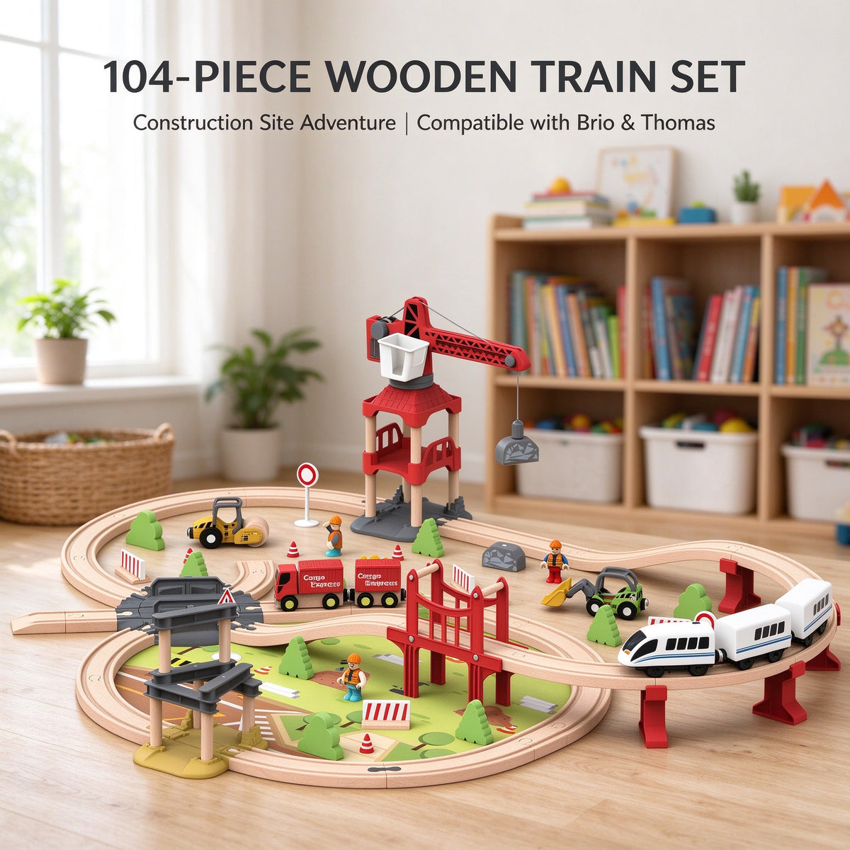 104PCS Kids Wooden Train Set Construction Crane Motorized Track Railway Toy Gift