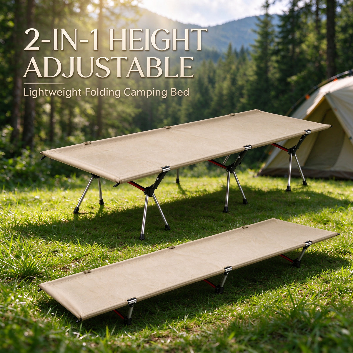 Height Adjustable Foldable Portable Outdoor Folding Camping Bed Stretcher Sleeping Cot Carry Bag Beige