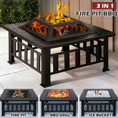Portable 3IN1 Fire Pit BBQ Charcoal Grill Outdoor Fireplace Patio Garden Heater
