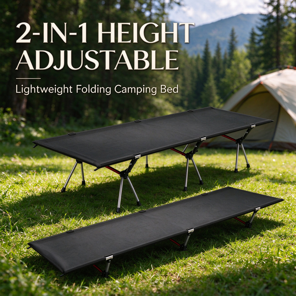 Height Adjustable Foldable Portable Outdoor Folding Camping Bed Stretcher Sleeping Cot Carry Bag Black