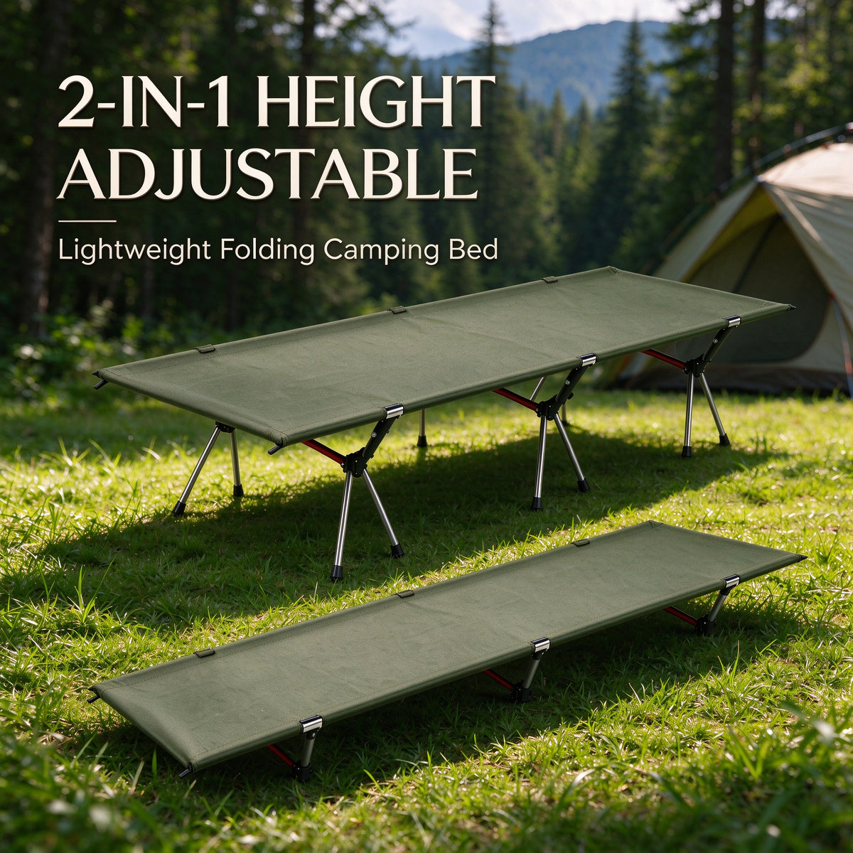 Height Adjustable Foldable Portable Outdoor Folding Camping Bed Stretcher Sleeping Cot Carry Bag Green