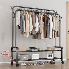 Heavy Duty Portable Double Rail Clothes Garment Hanging Rack Shoe Storage Shelf Organizer Hanger Dryer - black