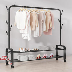 Heavy Duty Portable Clothes Garment Hanging Rack Shoe Storage Shelf Organizer Hanger Dryer - black