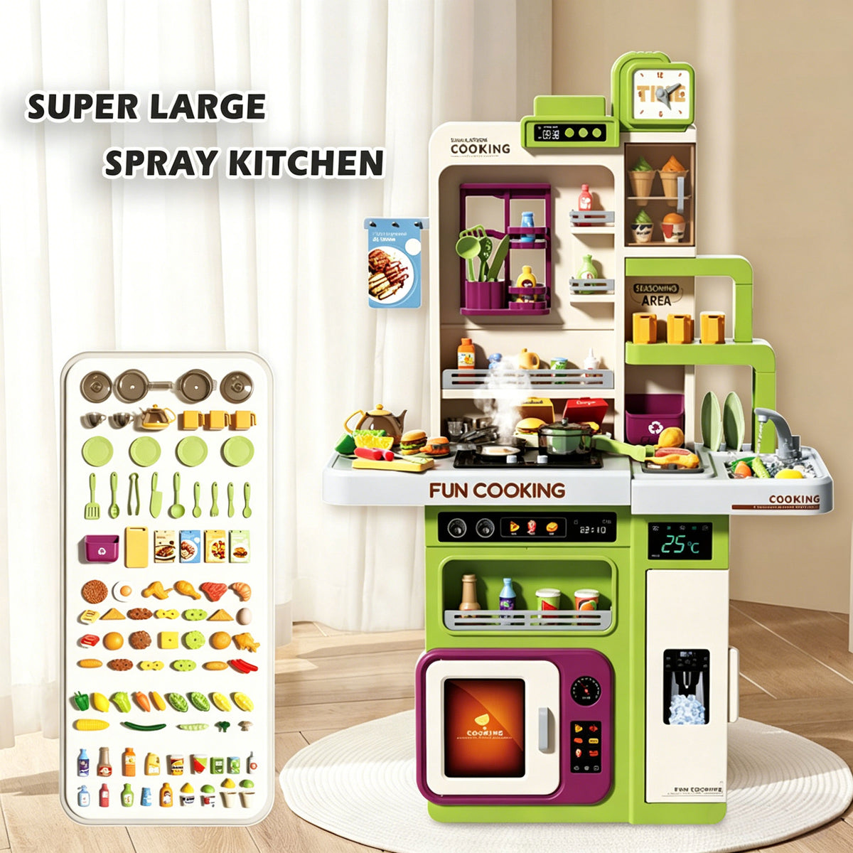 Kids Pretend Role Play Toy Kitchen Cooking Children Toddler Food Cookware Set Green