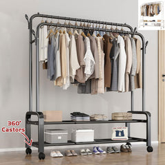 Heavy Duty Portable Double Rail Clothes Garment Hanging Rack Shoe Storage Shelf Organizer Hanger Dryer