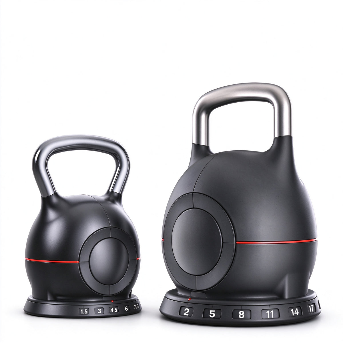 Two black kettlebell-style weight plates with metallic handles and red accent lines, shown on a clean white background. The larger plate on the right has numbered markings from 2 to 17, and the smaller plate on the left has markings from 15 to 7.
