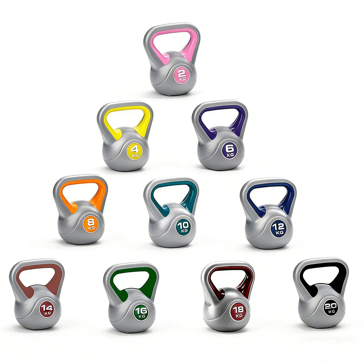 Set of silver kettlebells with color-coded weight indicators on a white background