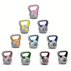 Set of silver kettlebells with color-coded weight indicators on a white background
