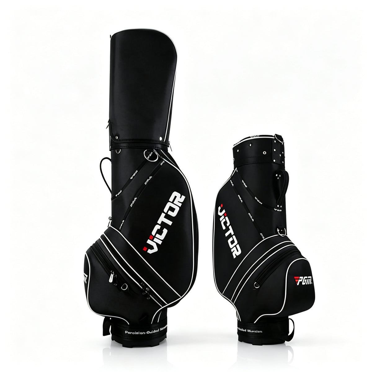 Two black golf bags with white and red branding details, shown from the front and side against a clean white background.