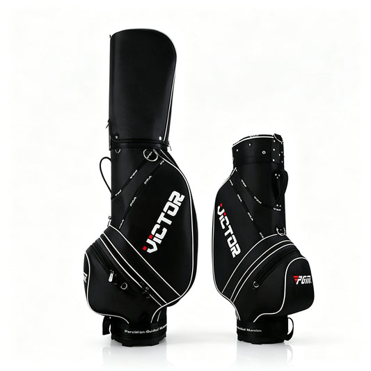 Two black golf bags with white and red branding details, shown from the front and side against a clean white background.