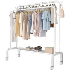 Heavy Duty Portable Double Rail Clothes Garment Hanging Rack Shoe Storage Shelf Organizer Hanger Dryer - white