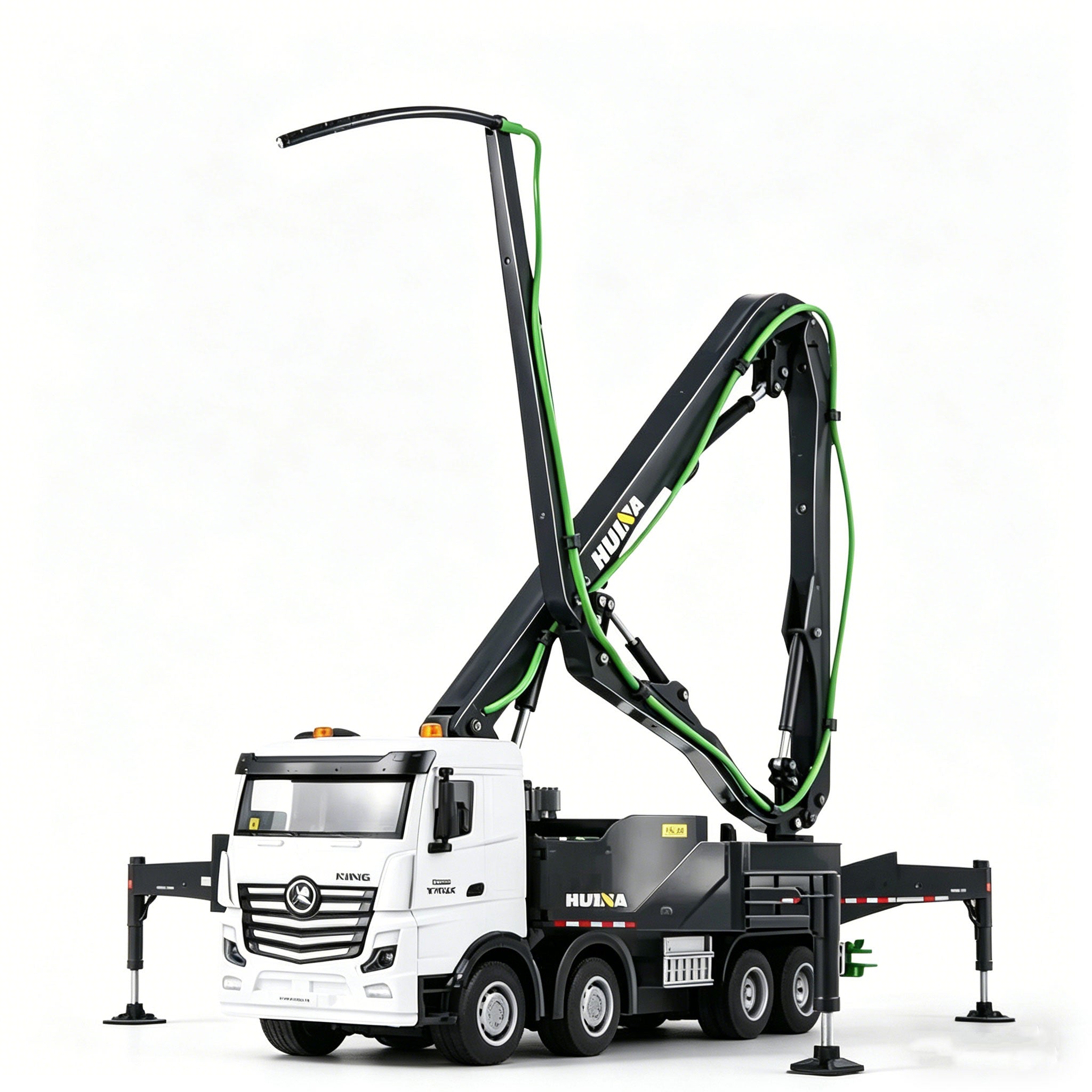 Model of a truck with a large mechanical arm on a white background