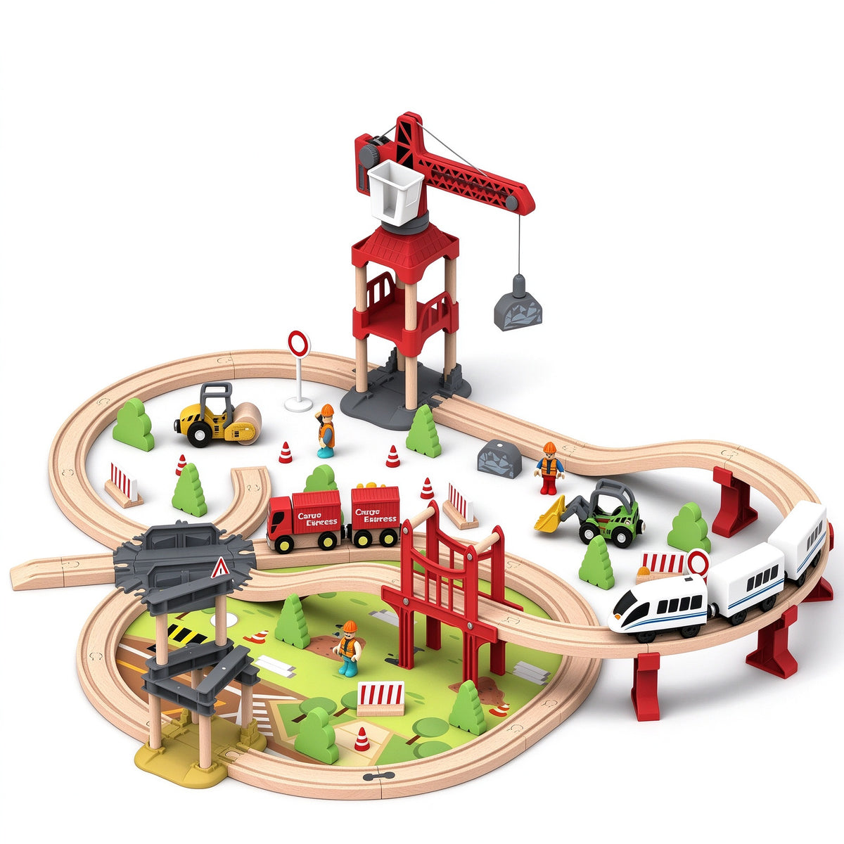104PCS Kids Wooden Train Set Construction Crane Motorized Track Railway Toy Gift
