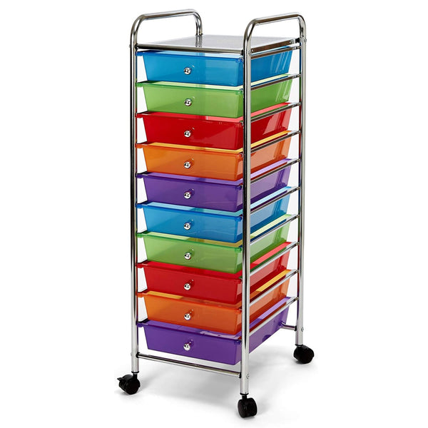 10 Drawers Rolling Storage Cart Paper Organiser Trolley w/ Wheels Home Office - multicolored